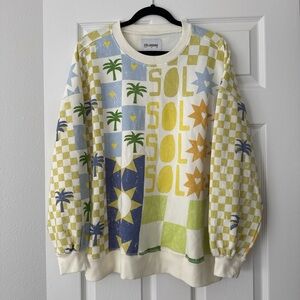 Anthropologie Celandine Graphic Crewneck Sweatshirt - Blue, Yellow, Green